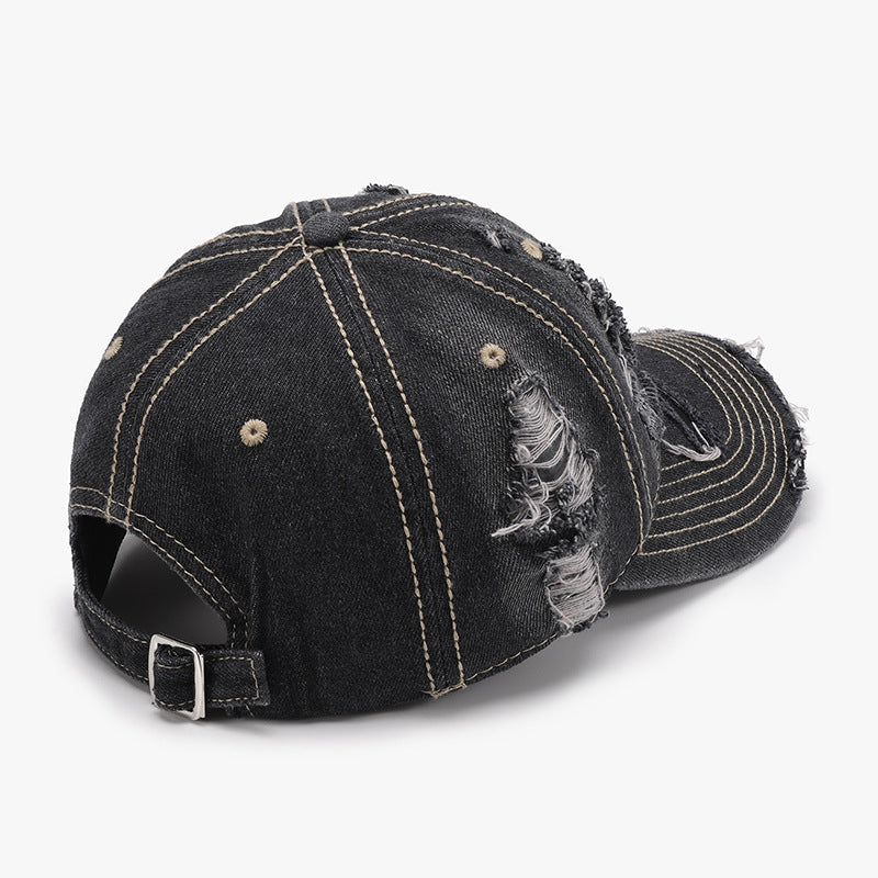 Distressed Adjustable Cotton Baseball Cap with Frayed Detailing