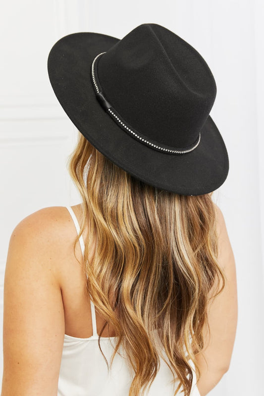 Black fedora hat with silver chain accent for fashionable women