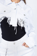 Load image into Gallery viewer, Distressed white denim jacket with frayed black and white color block design, trendy and stylish outerwear.