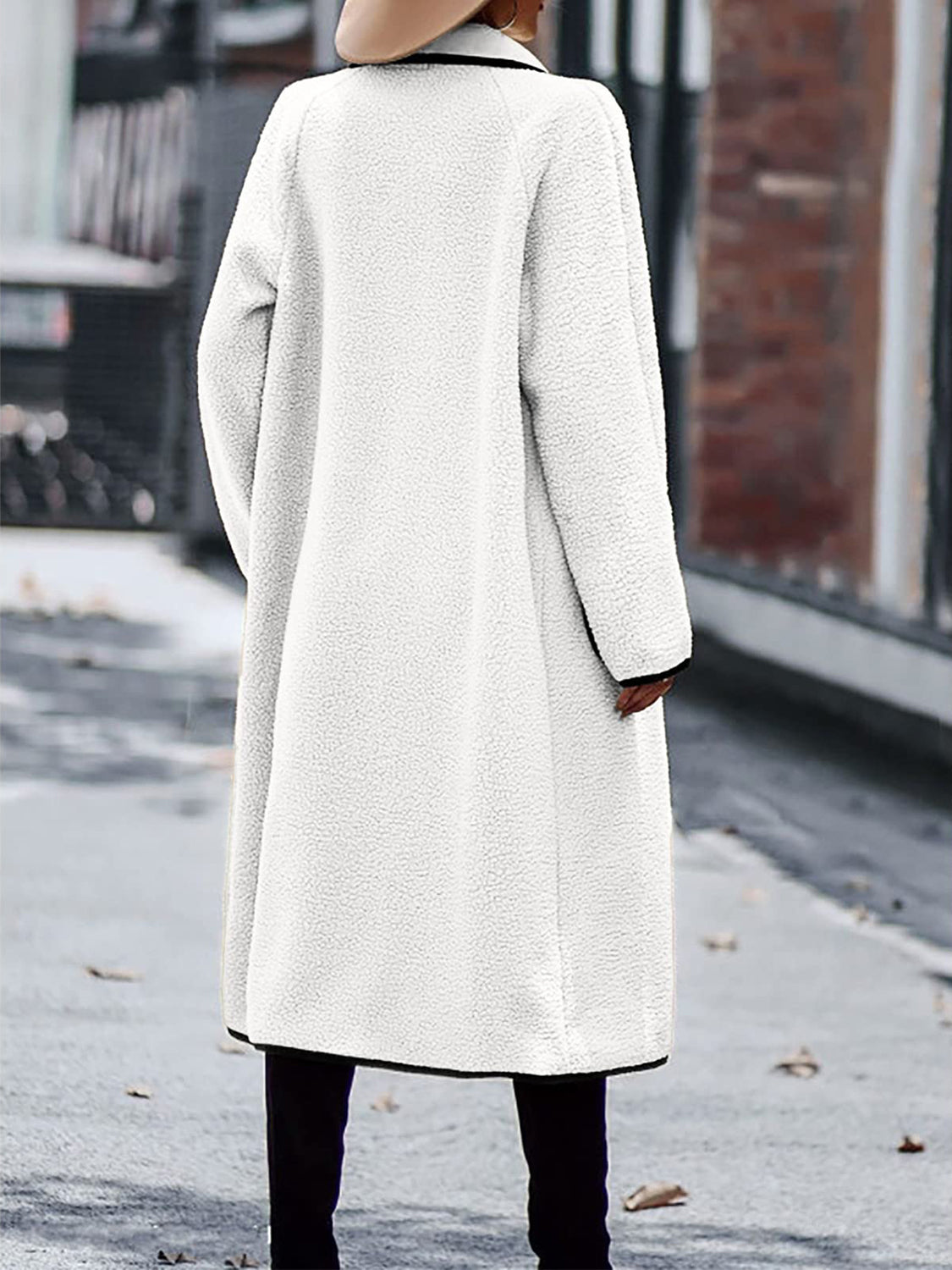 Cozy Contrast-Trim Long Sleeve Coat with Pockets