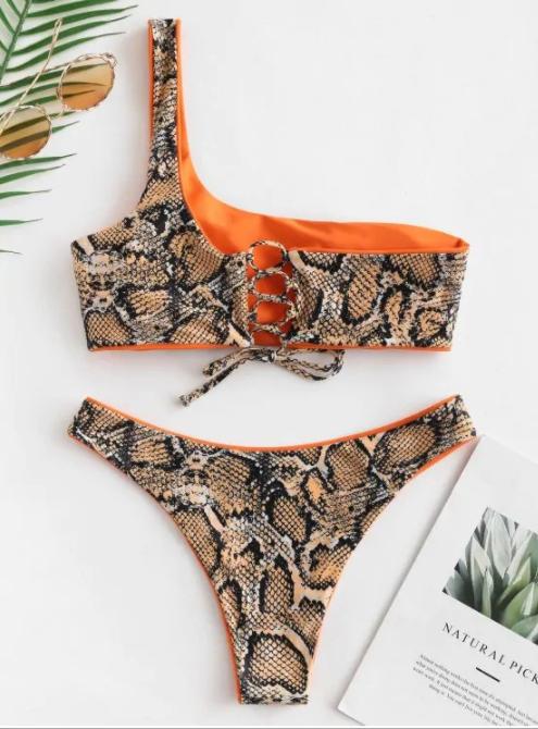 Elegant snake-print bikini set with bright orange accents, featuring a stylish cropped bandeau top and high-cut bottom, perfect for a chic beachside look.