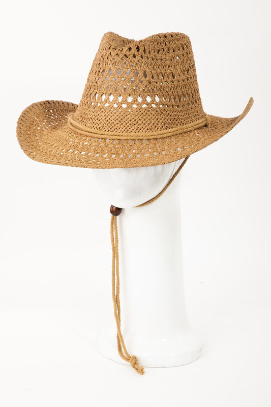 Straw Braided Western-Style Hat with Rope Straps