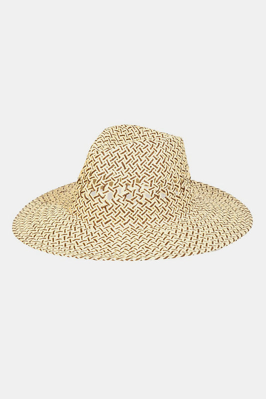 Stylish woven straw hat with cutout design, perfect for shielding from the sun while adding a chic touch to any summer outfit.