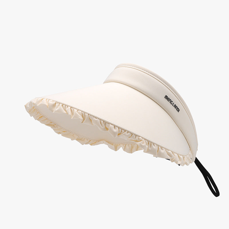 Frill Adjustable Ice Silk Sun Hat - A lightweight and fashionable sun hat with a ruffled brim and an adjustable strap for a comfortable fit.