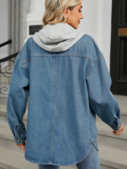 Removable Hood Button Up Long Sleeve Denim Jacket with Soft Gray Knit Scarf