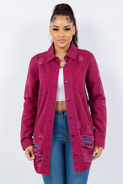 Distressed fuchsia denim jacket with button-up front and long sleeves, featured against a white background.