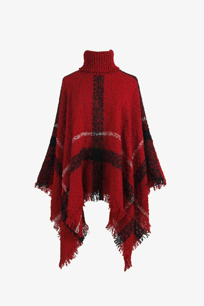 Plaid Turtleneck Raw Hem Poncho