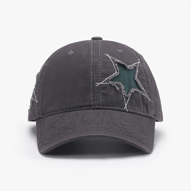 Adjustable Star Raw Hem Cap - Fashionable grey baseball cap with embroidered star accents, offering a stylish and versatile accessory.