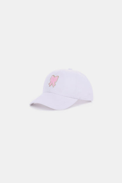 Zenana Ribbon Bow Chenille Patch White Baseball Cap with Cute Pink Butterfly Embroidery