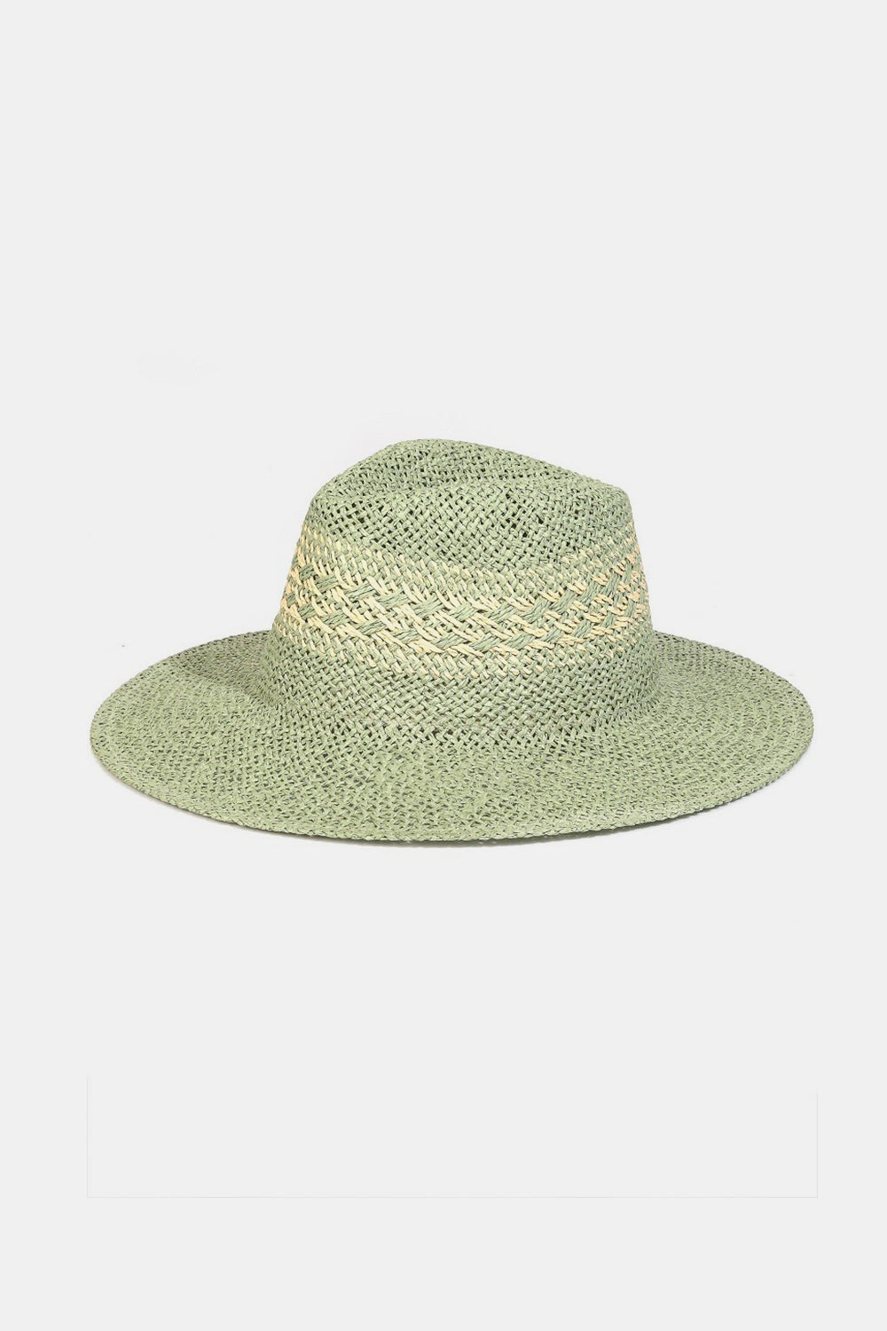 Stylish natural straw wide-brimmed hat with contrasting trim, perfect for summer sun protection.