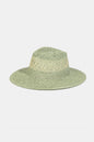 Stylish natural straw wide-brimmed hat with contrasting trim, perfect for summer sun protection.