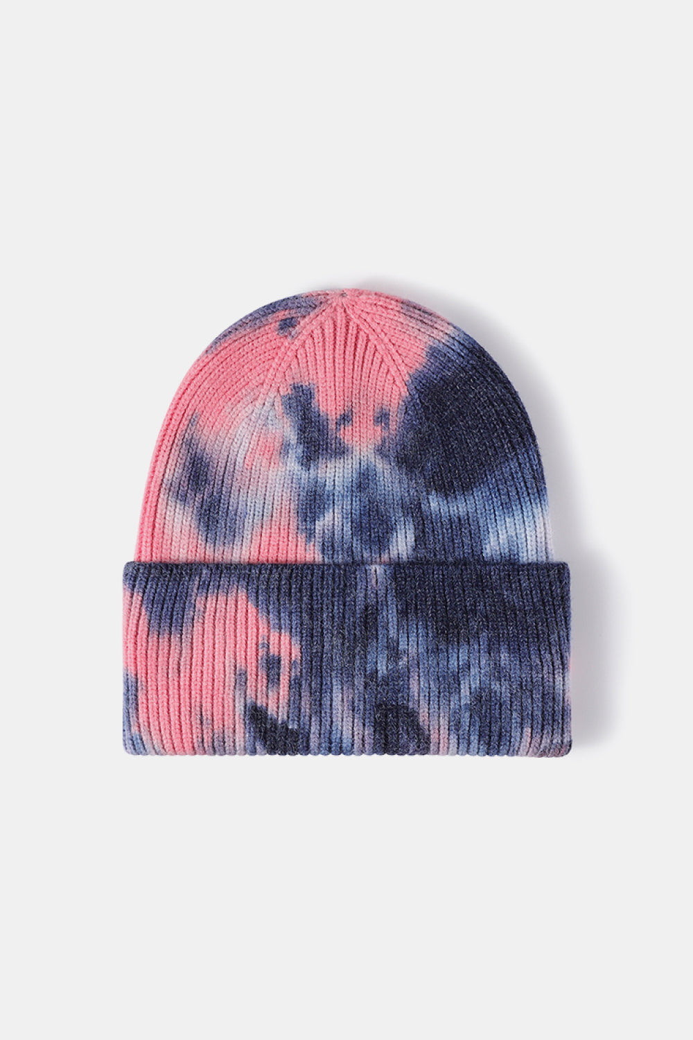 Tie-Dye Cuffed Rib-Knit Beanie Hat by Trendsi - Stylish winter accessory with vibrant pink and navy blue tie-dye pattern.