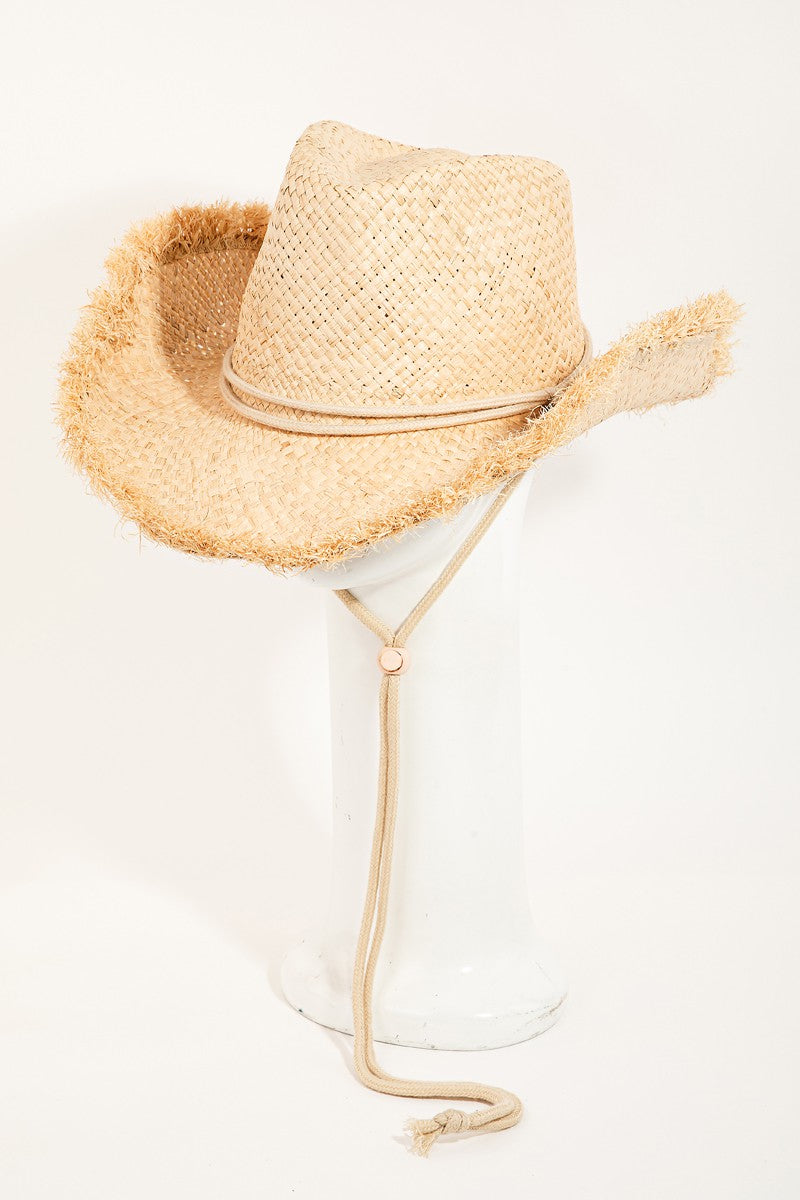 Stylish straw cowboy hat with adjustable strap and raw edge detailing, perfect accessory for casual summer outfits.