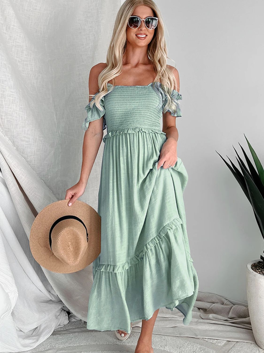 Perfee Frill Smocked Off-Shoulder Ruffle Sleeve Dress