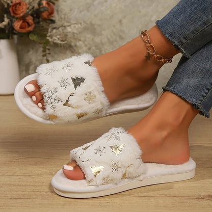 Cozy snowflake-patterned open-toe slippers with fluffy white trim, showcasing a stylish accessory for casual winter wear.