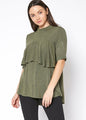 Olive-colored mock neck short sleeve ruffled yoke top by Lemon Hera, a stylish women's fashion piece.