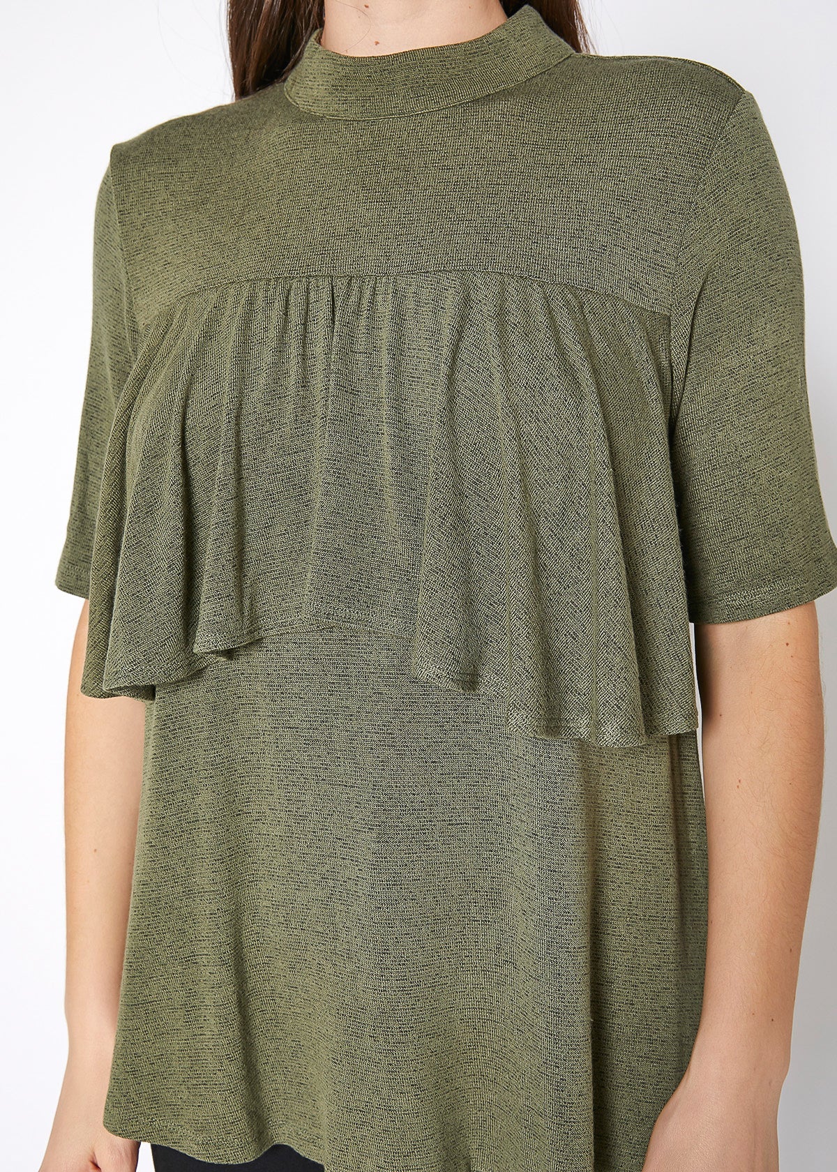 Olive green mock neck top with ruffled yoke and short sleeves, featuring a feminine and casual design for the modern woman's wardrobe.