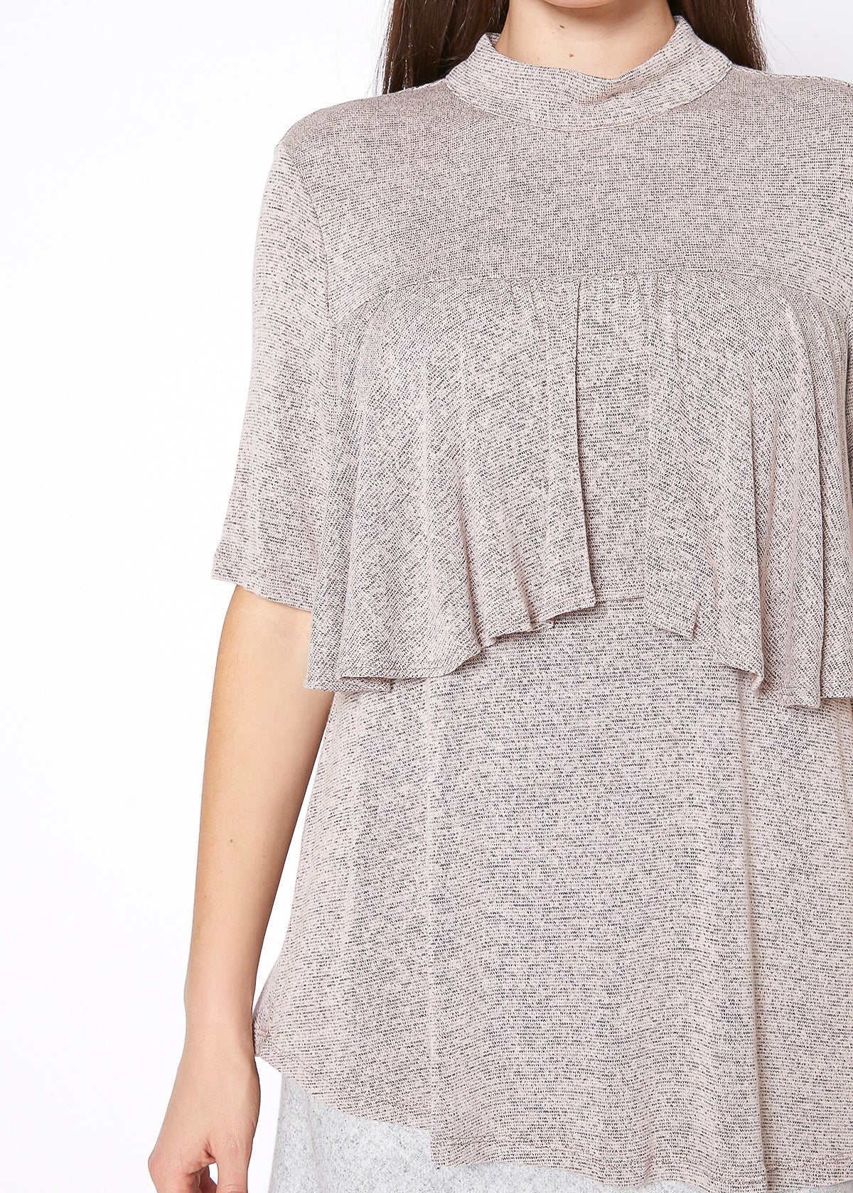 Stylish women's mock neck short sleeve ruffled yoke top in a neutral gray tone, featuring a chic and elegant design.