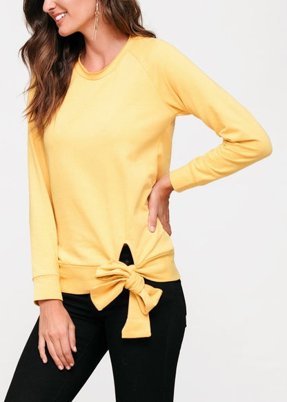 Woman's yellow crew neck tie knot sweatshirt, casual fashion apparel