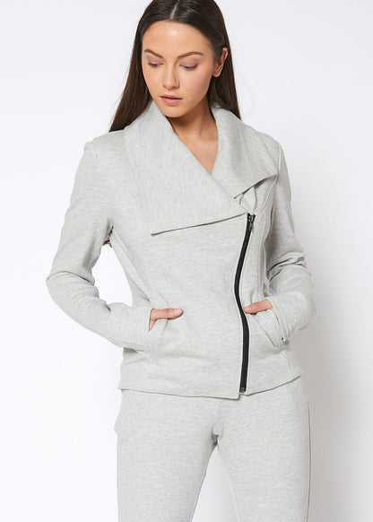 Stylish women's heather grey moto jacket with oversized collar and asymmetric zipper design, shown on a model against a plain background.