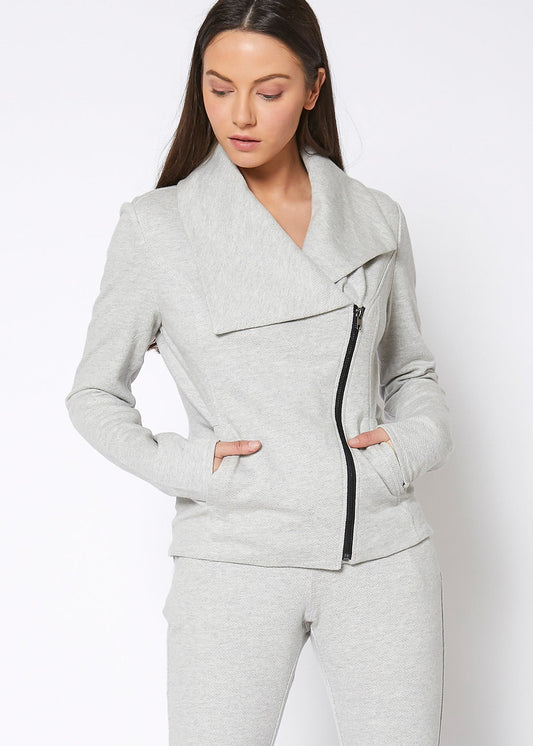 Stylish women's heather grey moto jacket with oversized collar and asymmetric zipper design, shown on a model against a plain background.