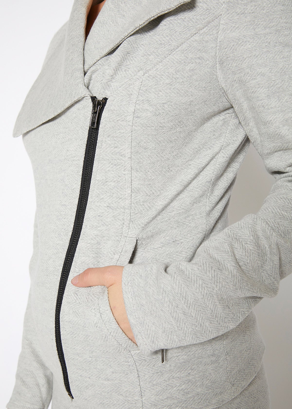 Gray heathered moto jacket with oversized collar and full-zip closure.