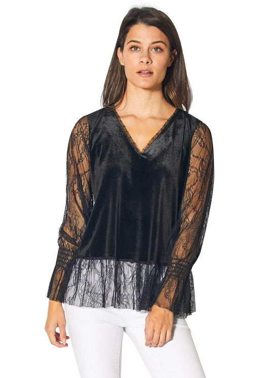 Long sleeve velvet top with lace trim in black, featuring elegant puff sleeves and a V-neck silhouette, perfect for stylish women's fashion.