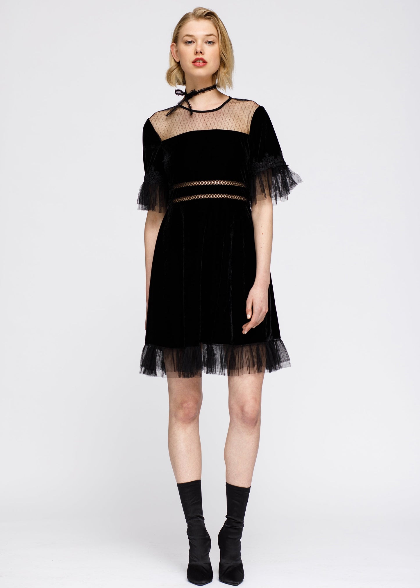 Women's Mesh Contrast Velvet Dress In Black