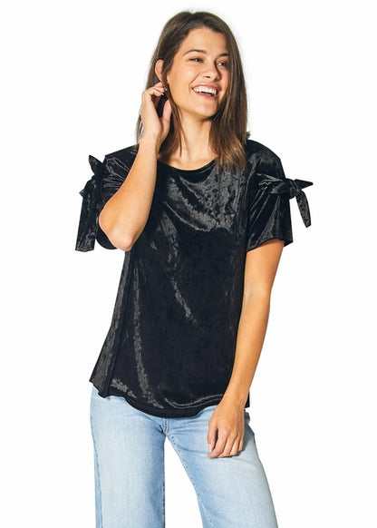 Crushed Velvet Tie Sleeve Tee in Black - Stylish women's blouse with unique sleeve design, perfect for casual or formal occasions.