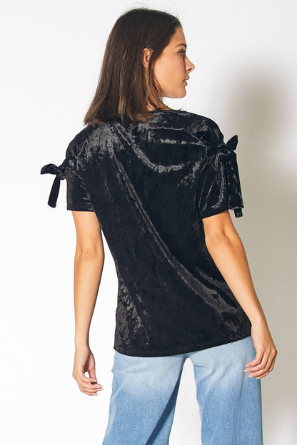 Crushed Velvet Tie Sleeve Tee in Black - Soft, plush velvet top with stylish tie sleeves, a perfect addition to any casual wardrobe.