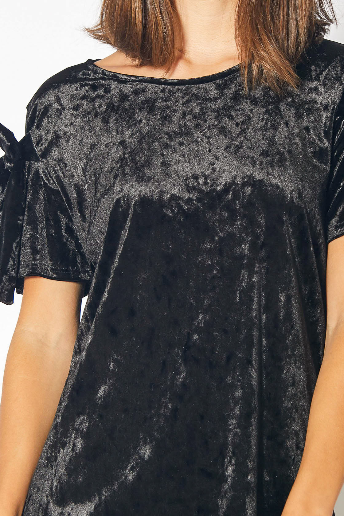 Crushed Velvet Tie Sleeve Tee in Black - Luxurious textured top with fluttery sleeves for effortless style.