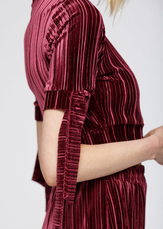 Vibrant velvet crop top with pleated design in rich mulberry color, showcasing stylish and elegant fashion.