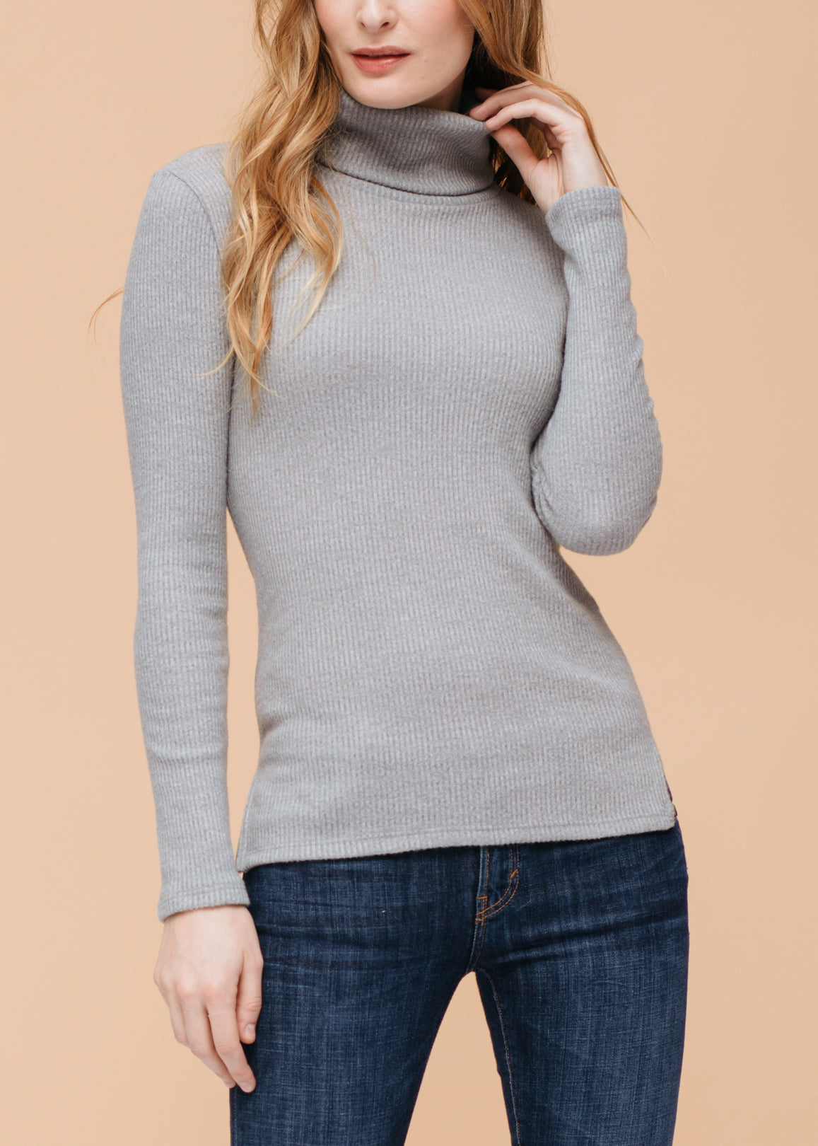 Women's Soft Turtle Neck Ribbed Knit Sweater Top by Lemon Hera, featuring a classic gray color and fitted design for a stylish casual look.