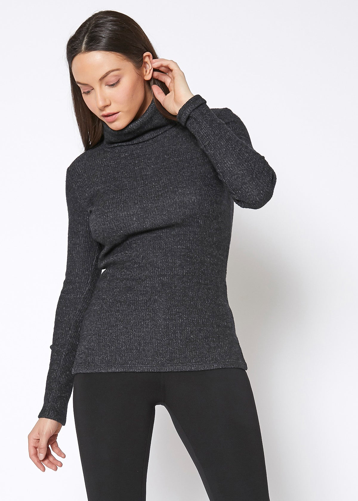 Soft grey turtleneck sweater top with ribbed knit design for women's casual fashion