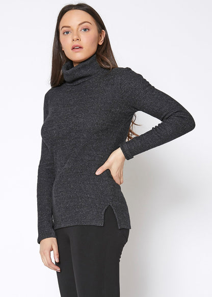 Soft Charcoal Grey Ribbed Knit Turtleneck Sweater - Stylish women's fashion top from the Lemon Hera brand, featuring a cozy turtleneck design and fitted silhouette.