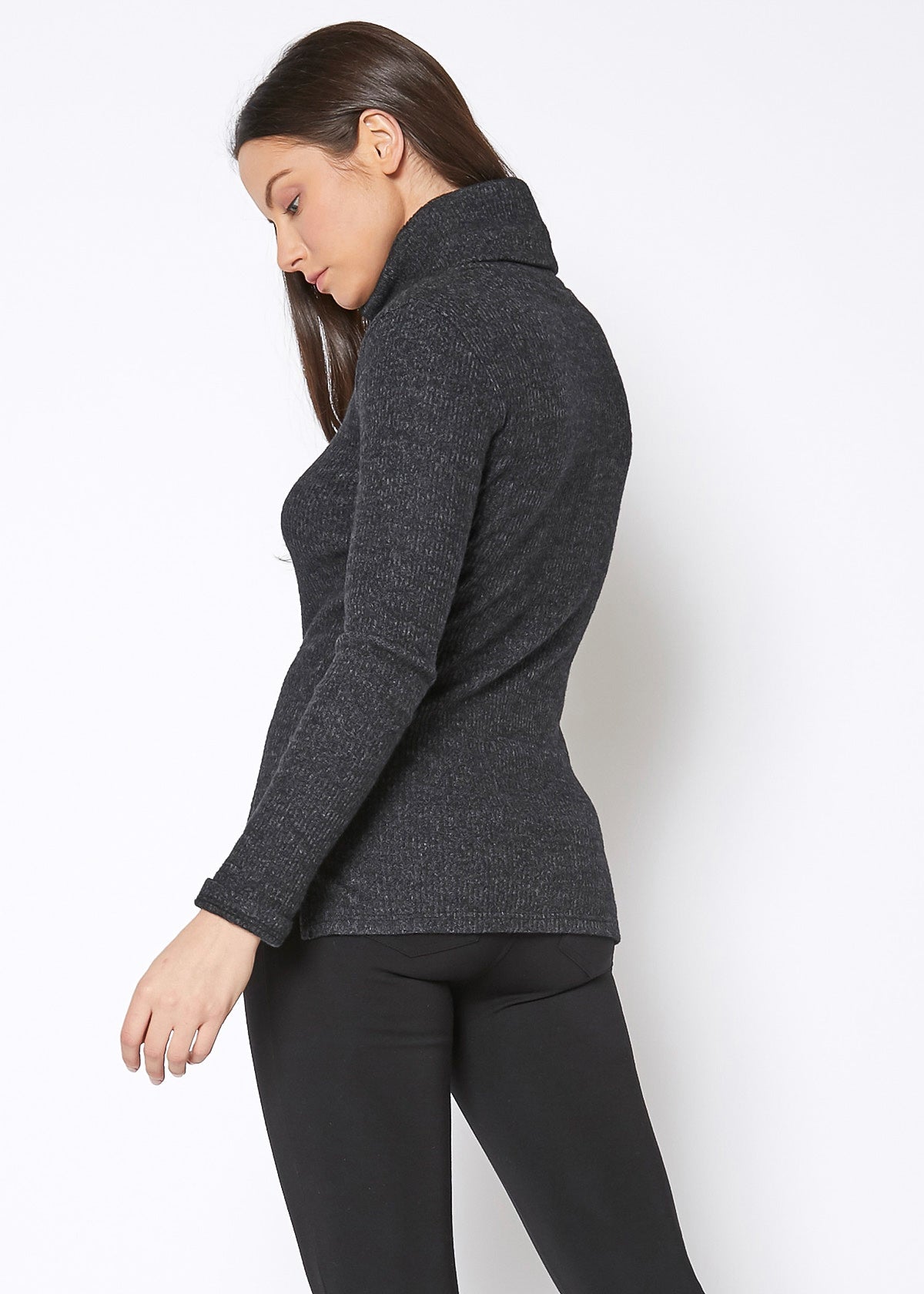 Charcoal grey women's soft turtleneck ribbed knit sweater top by Lemon Hera, featuring a slim fit and long sleeves for a classic, stylish look.