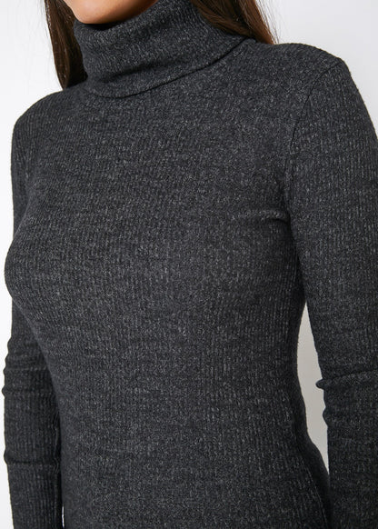 Women's soft charcoal gray ribbed knit turtle neck sweater top by Lemon Hera