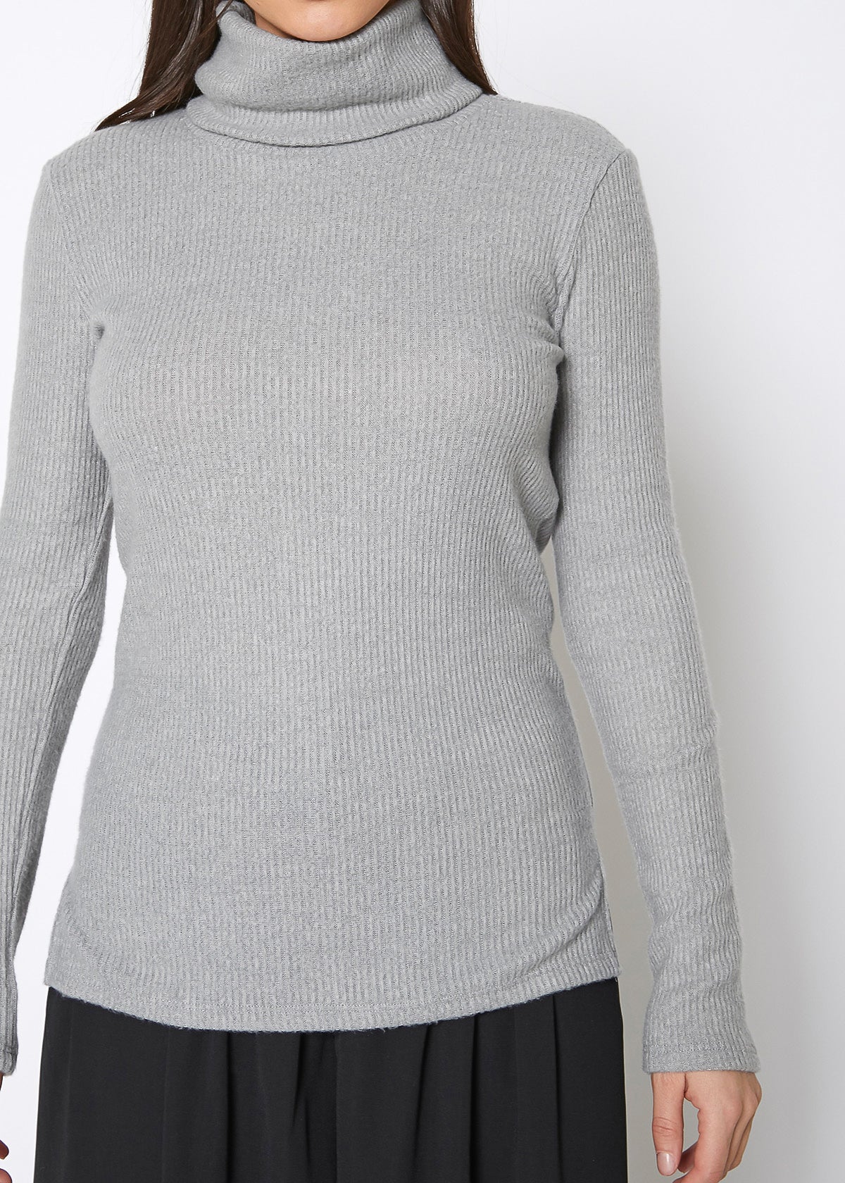 Soft, cozy gray turtle neck ribbed knit sweater top for women's casual fashion.