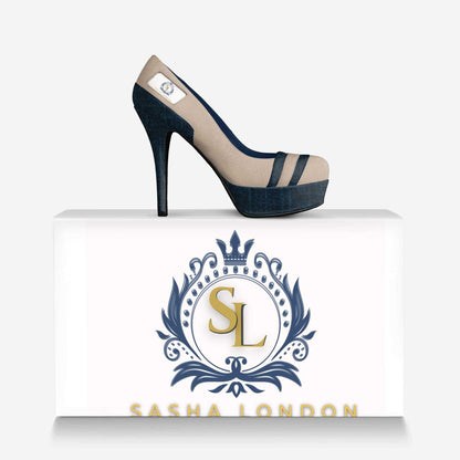 Elegant Sasha London high heel shoes on white platform