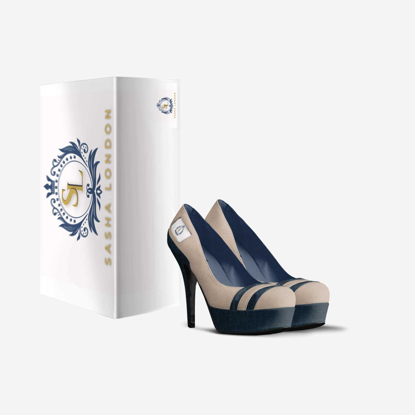 Stylish navy and nude heels displayed on white background with elegant brand packaging