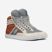 Load image into Gallery viewer, Fashionable Sasha London high-top sneakers with gray canvas upper, orange leather accents, lace-up closure, and metal stud details. Stylish casual footwear for the fashion-conscious consumer.