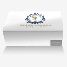 Load image into Gallery viewer, Elegant white box with navy and gold Sasha London branding, showcasing luxury Italian-made fashion accessory.