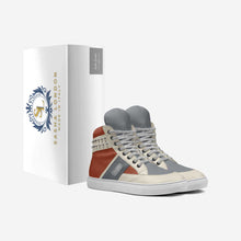 Load image into Gallery viewer, Stylish high-top sneakers with a sleek, modern design. The sneakers feature a mix of gray and orange tones, complemented by a white box with a decorative floral logo.