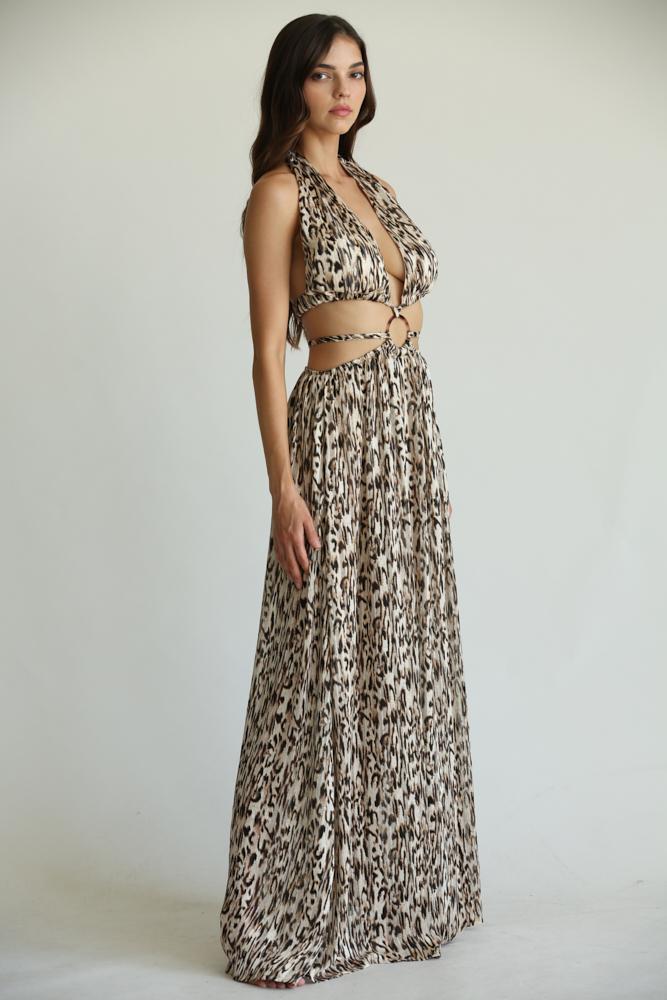 Elegant leopard print women's two-piece set including a cut-out long dress and matching sleeveless jacket from the LoveAdora fashion brand.