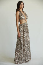 Load image into Gallery viewer, Elegant leopard print women&#39;s two-piece set including a cut-out long dress and matching sleeveless jacket from the LoveAdora fashion brand.