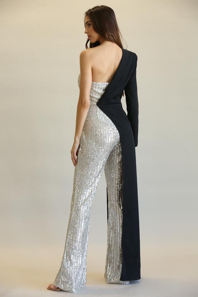 Stylish sequin and solid stretch woven fabric combo jumpsuit with one-shoulder design, showcasing a fashionable look.