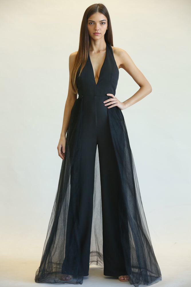 Elegant black halter jumpsuit/dress with tulle overlay, showcasing a sophisticated and stylish look for the modern woman.