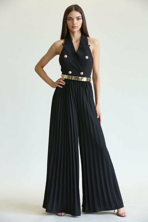 Elegant gold-accented black jumpsuit with pleated wide-leg pants and halter-style neckline, creating a glamorous and formal look.