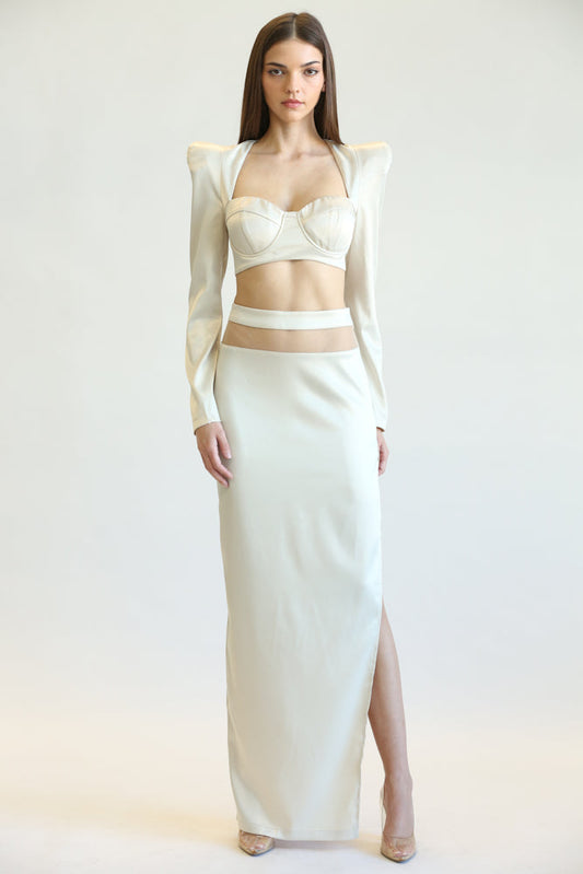 Elegant white lace and satin two-piece set with puff sleeve top and high slit skirt