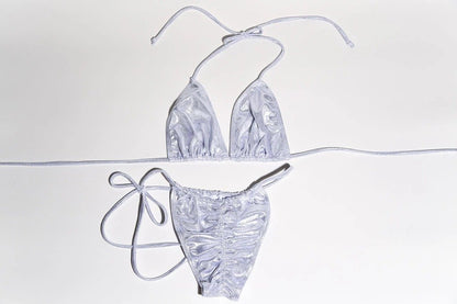 Silver metallic bikini with bow accents